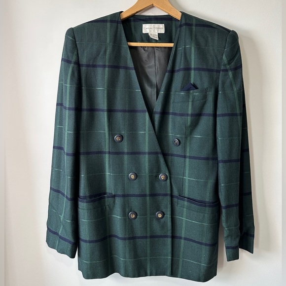 Vintage Green & Dark Navy Window Pane Plaid Double Breasted Blazer Size 10 - Picture 5 of 11